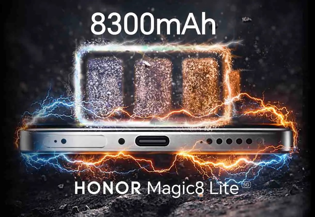 Imagen que muestra el HONOR Magic8 Lite con una batería de 8300mAh, resaltada por efectos de electricidad a su alrededor.
