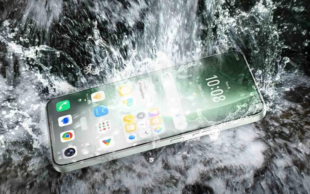 Teléfono inteligente sumergido en agua con salpicaduras alrededor.