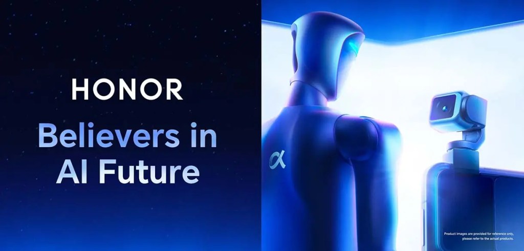 Imagen que presenta un fondo estrellado con un robot humanoide y un dispositivo inteligente, acompañados del texto 'HONOR Believers in AI Future'.