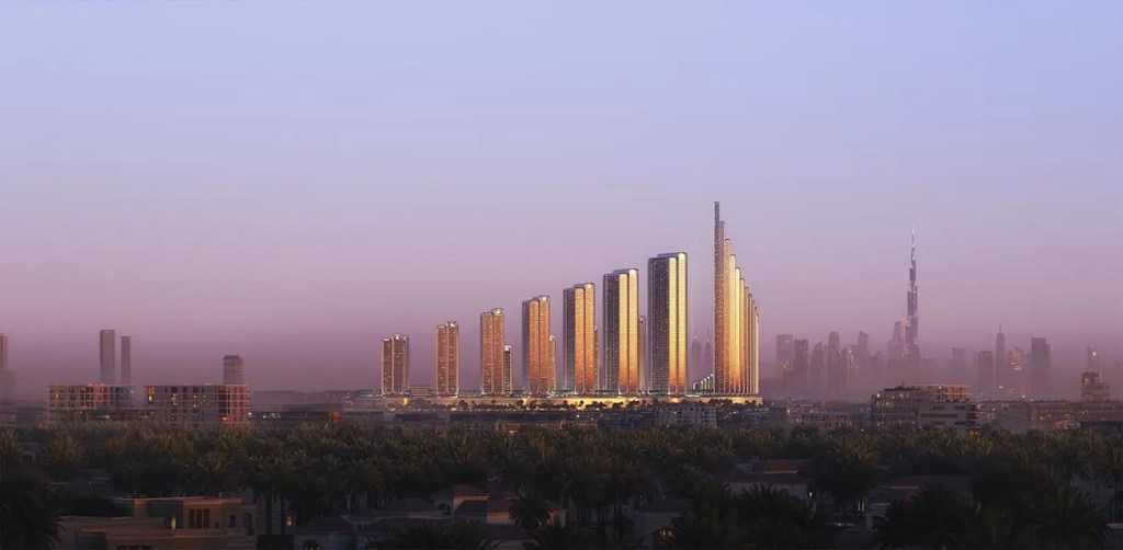 Vista de un paisaje urbano al atardecer con rascacielos modernos y el Burj Khalifa de fondo.