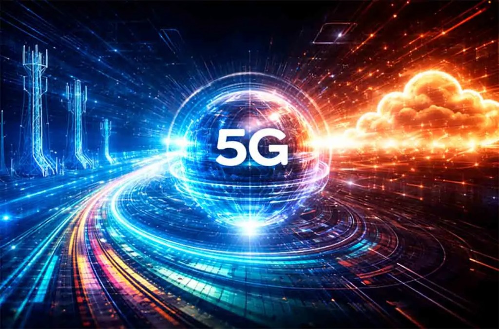 Gráfica representativa de la tecnología 5G, con un planeta en el centro y efectos de luz que simulan velocidad y conectividad, rodeado de torres de transmisión y una nube a la derecha.