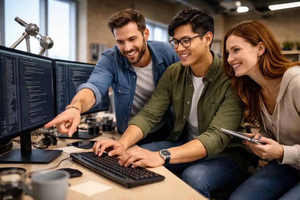 Tres personas se reúnen frente a pantallas de computadora, observando líneas de código. Un hombre señala entusiastamente, mientras los otros dos sonríen y toman notas.