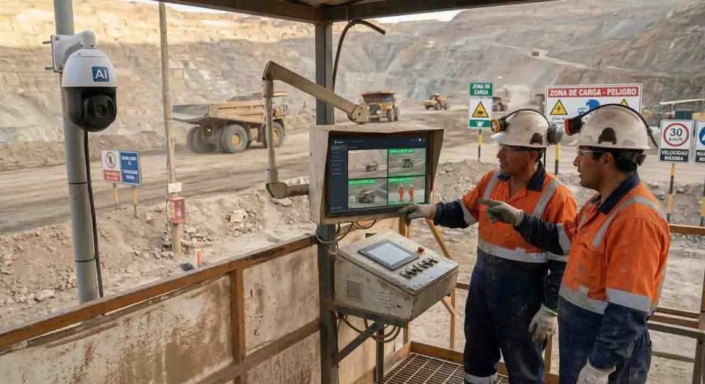 Dos trabajadores en un puesto de control minera, observando una pantalla que muestra datos operativos, con maquinaria de carga y señales de advertencia en el fondo.
