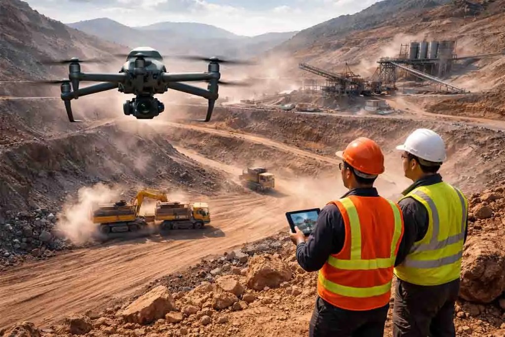 Drone sobre un sitio minero con trabajadores observando mientras usan una tablet.