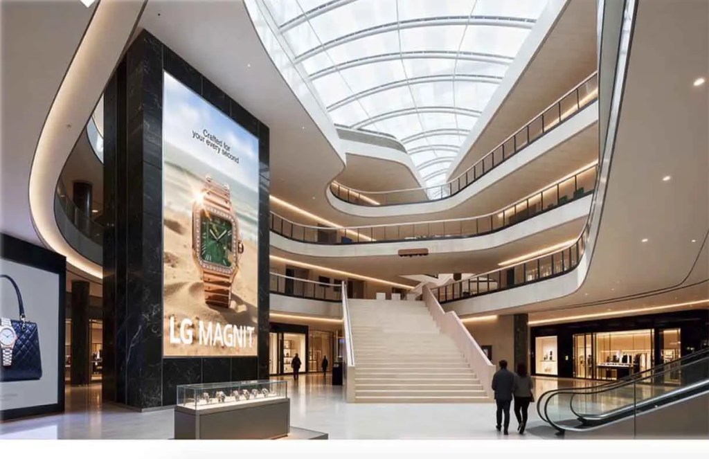 Interior de un centro comercial moderno con escaleras y luces suaves, exhibiendo un gran anuncio de reloj en la pared.