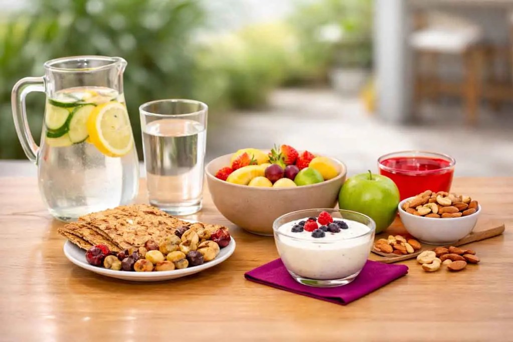 Mesa con una variedad de alimentos saludables, incluyendo frutas, yogur, galletas integrales, frutos secos, agua y una jarra de agua con rodajas de limón y pepino.
