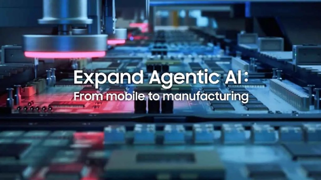 Imagen de un proceso de fabricación de circuitos electrónicos con un enfoque en la tecnología avanzada. Se destaca el texto 'Expand Agentic AI: From mobile to manufacturing'.