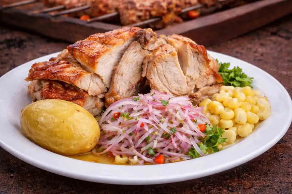Plato de comida con pollo asado, una papa amarilla, ensalada de cebolla roja y maíz, decorado con perejil.