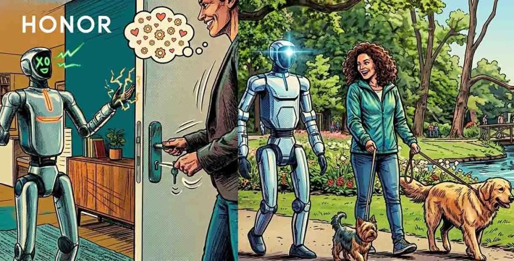 Una ilustración que muestra a un robot recibiendo a un hombre en una puerta, y en la parte derecha, un robot acompañando a una mujer que pasea a dos perros en un parque.