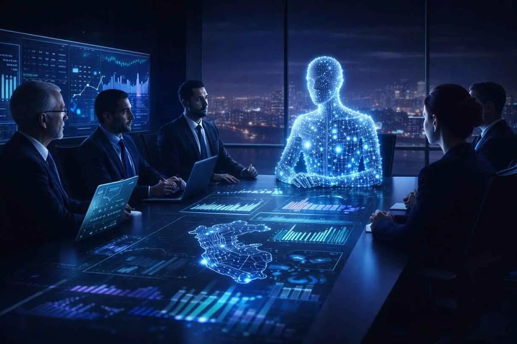 Reunión en una sala oscura con cinco profesionales alrededor de una mesa, mientras un holograma humano de luz azul se proyecta en el centro, mostrando gráficos y datos.