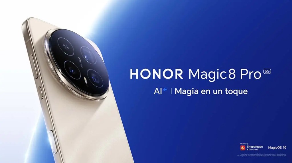 Imagen del smartphone HONOR Magic8 Pro 5G con un diseño elegante y moderno, mostrando su cámara trasera con múltiples lentes y la frase 'AI | Magia en un toque' en un fondo azul.