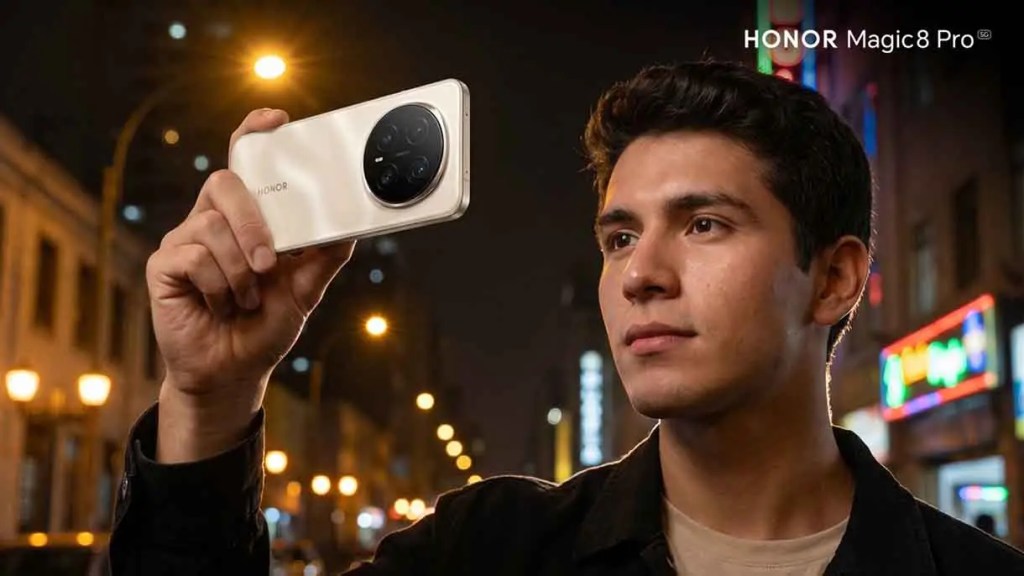 Un joven sosteniendo un teléfono inteligente HONOR Magic8 Pro en un entorno nocturno con luces de fondo.