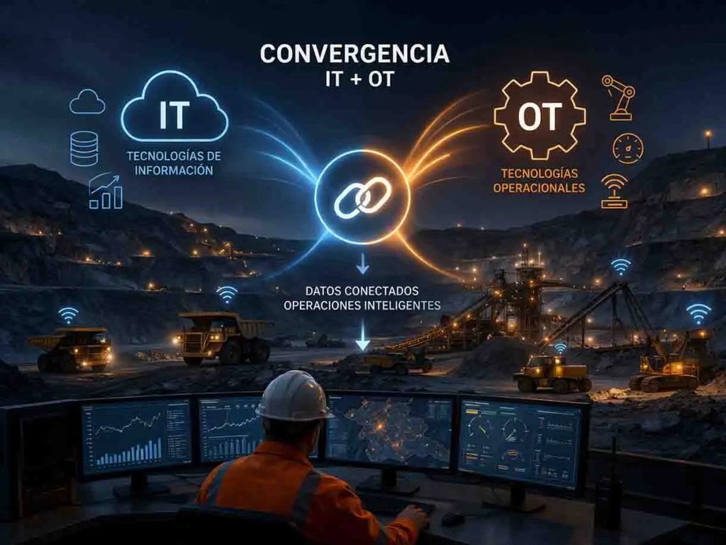 Imagen que ilustra la convergencia entre tecnologías de información (IT) y tecnologías operacionales (OT) en un entorno minero, mostrando datos conectados e inteligentes.