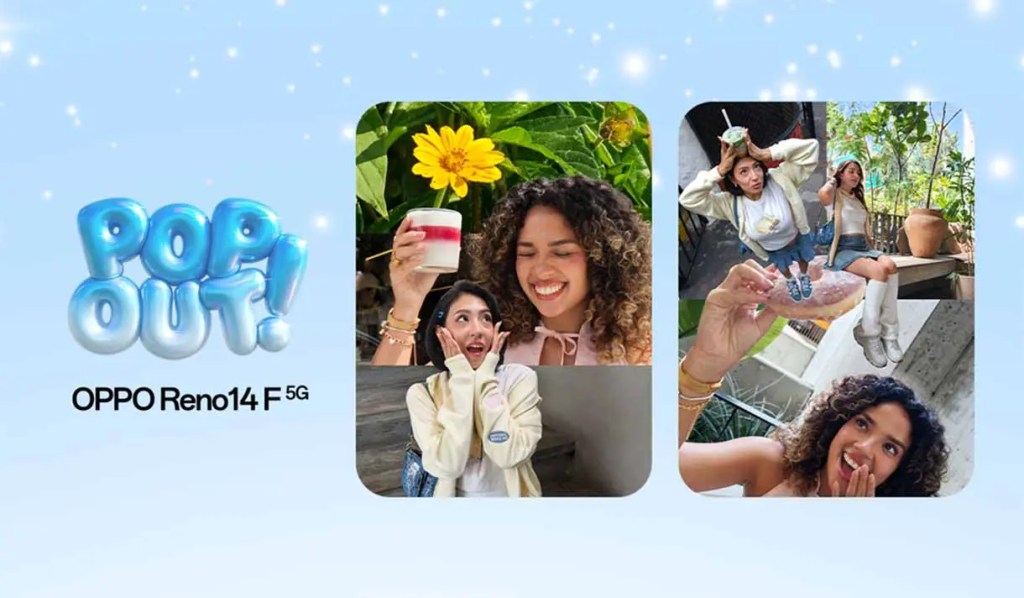 Imágenes coloridas de jóvenes disfrutando, con un enfoque en la emoción y momentos divertidos. Además, incluye el logo de OPPO Reno14 F 5G y el texto 'POP OUT!'