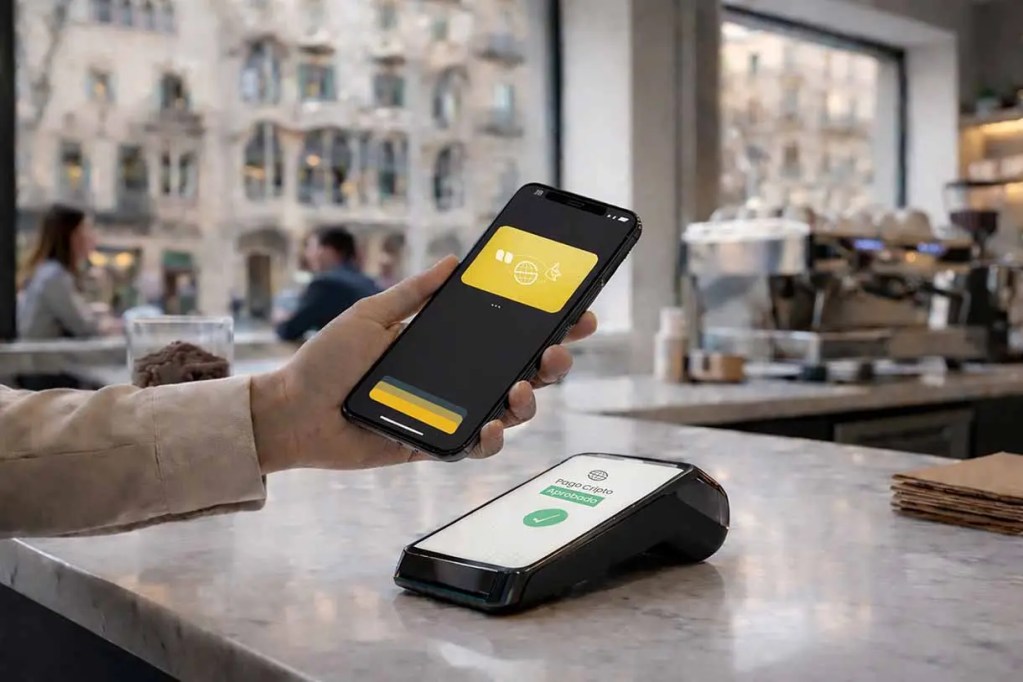 Una persona usando un teléfono inteligente para realizar un pago móvil en un dispositivo de punto de venta en una cafetería.