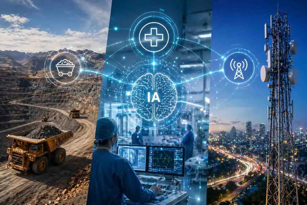 Imagen dividida en tres partes: a la izquierda, una cantera de minería con camiones de carga; en el centro, un profesional de la salud interactuando con tecnología de inteligencia artificial; a la derecha, una torre de telecomunicaciones sobre un paisaje urbano.