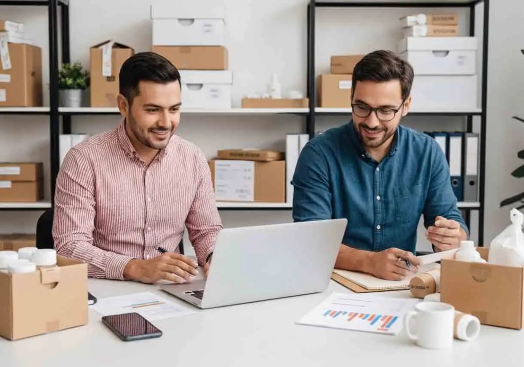 Dos hombres sentados en una oficina moderna, trabajando juntos en una computadora portátil, rodeados de cajas y materiales de oficina, mientras revisan gráficos en papel.