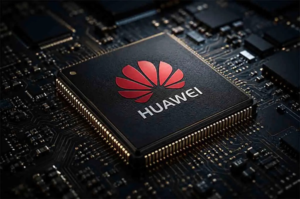 Foto de un chip de Huawei con el logotipo de la marca sobre un fondo de circuitos electrónicos.