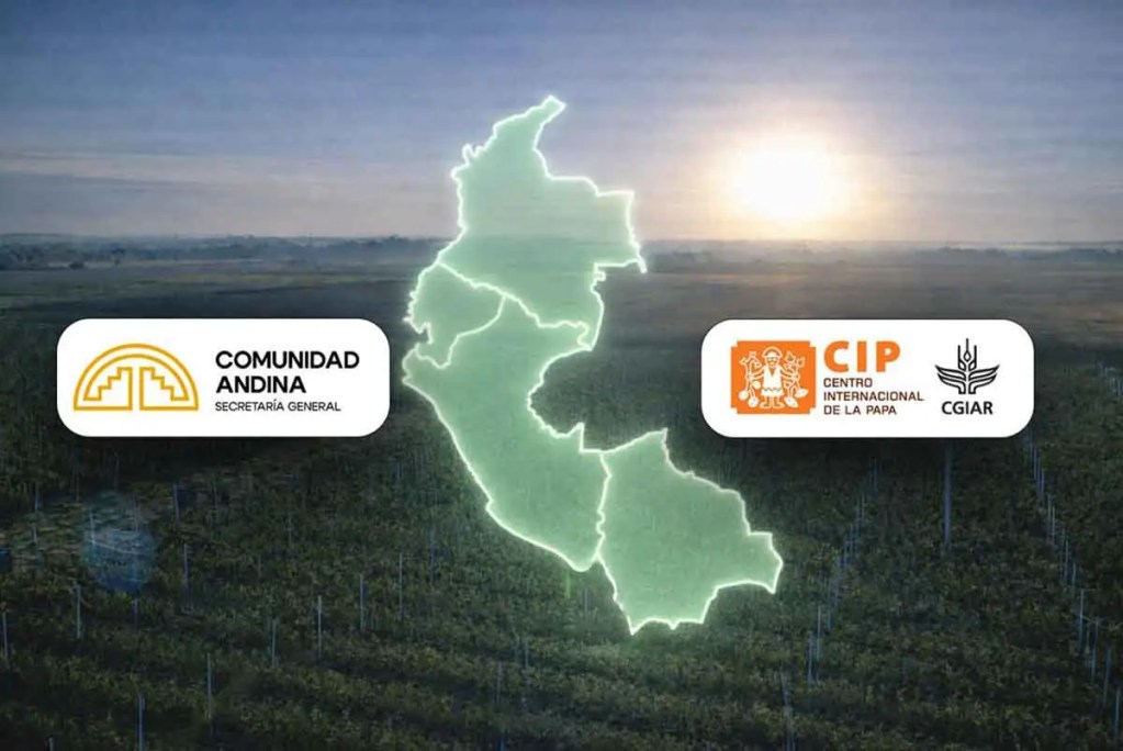 Mapa de Perú sobre un fondo agrícola con los logotipos de la Comunidad Andina y el Centro Internacional de La Papa.