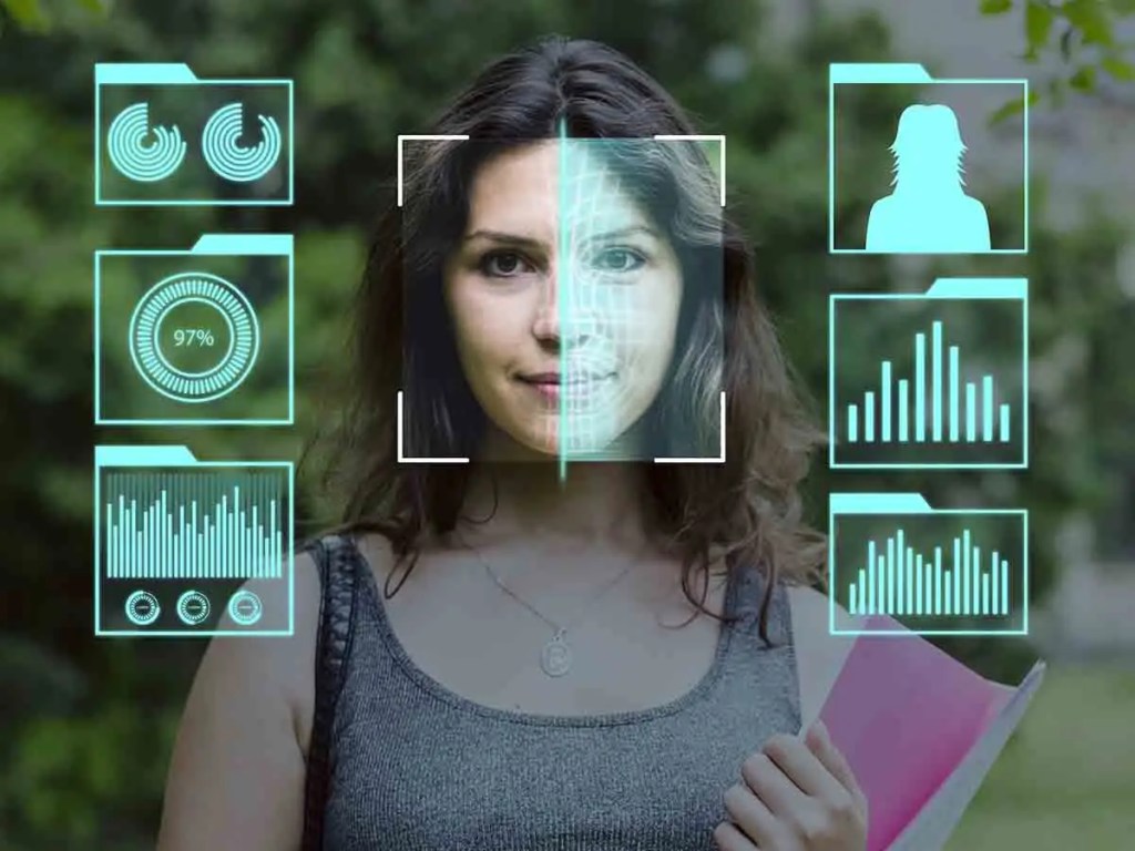 Mujer sosteniendo una carpeta, con gráficos de análisis facial superpuestos en la imagen.