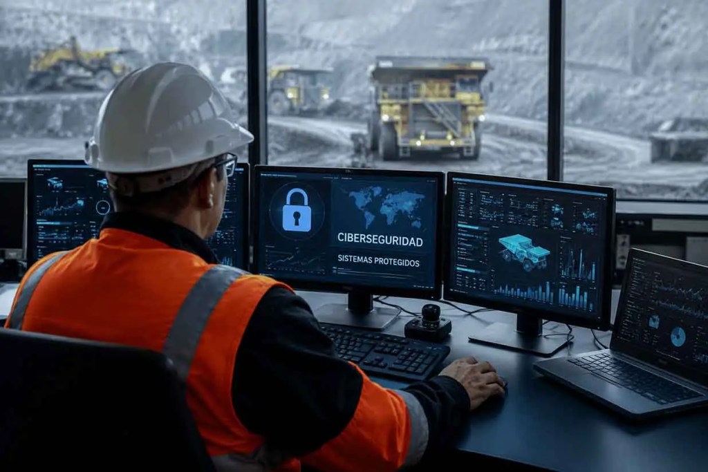 Un operador de ciberseguridad observa múltiples pantallas con datos mientras trabaja en un centro de control, con maquinaria de minería visible en el fondo.