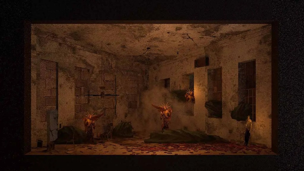 Interiores de una habitación deteriorada, con figuras fantasmales y un ambiente oscuro y misterioso.