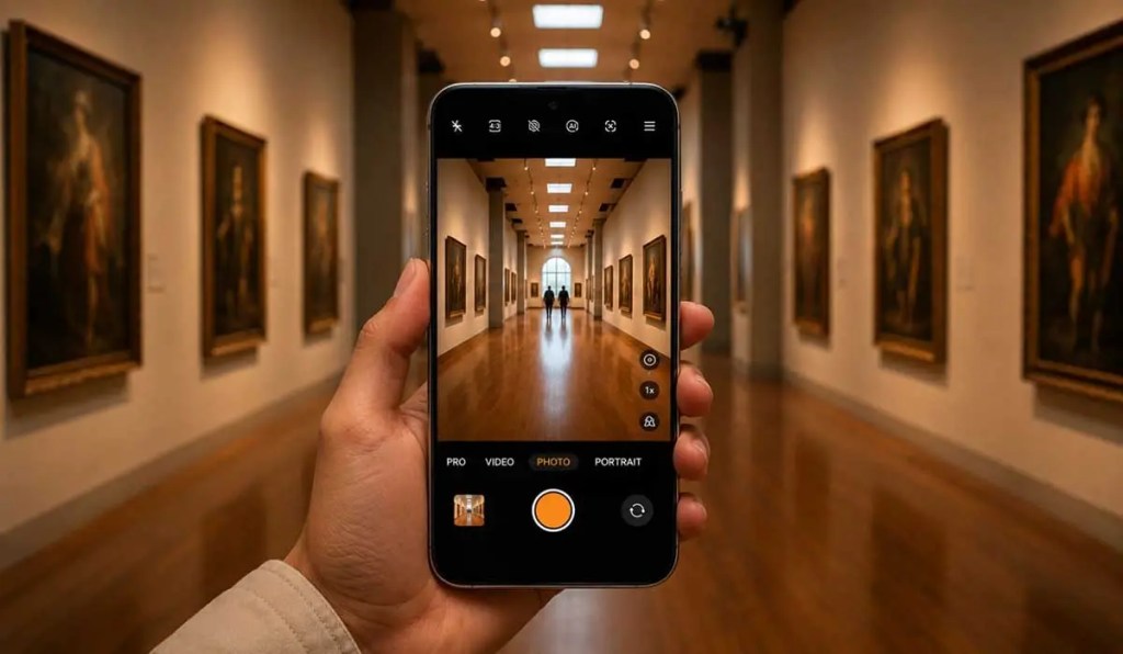 Una persona sostiene un teléfono móvil mientras toma una foto en una galería de arte, donde se pueden ver pinturas en las paredes.