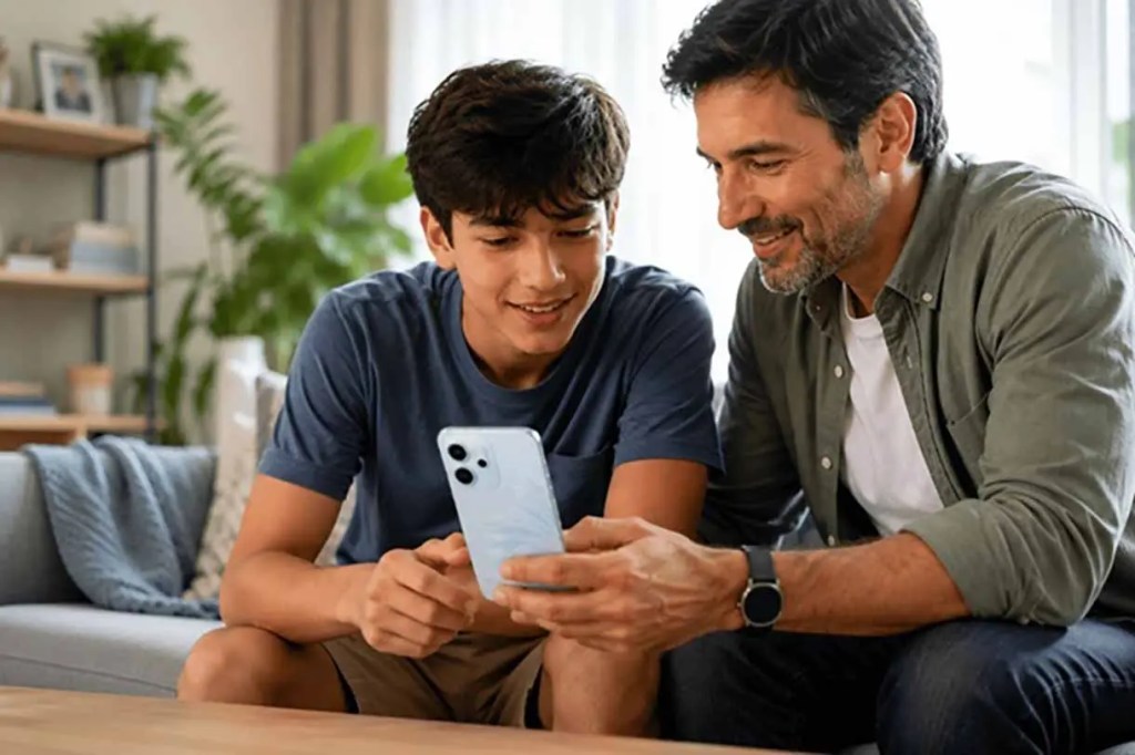 Un joven y un hombre sonrientes mirando un teléfono móvil juntos en un ambiente acogedor.