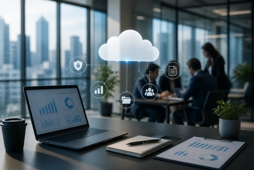 Escritorio moderno con una laptop que muestra gráficos, un cuaderno y una planta, con un fondo de una oficina y personas trabajando. Iconos de nube y datos en la pantalla.