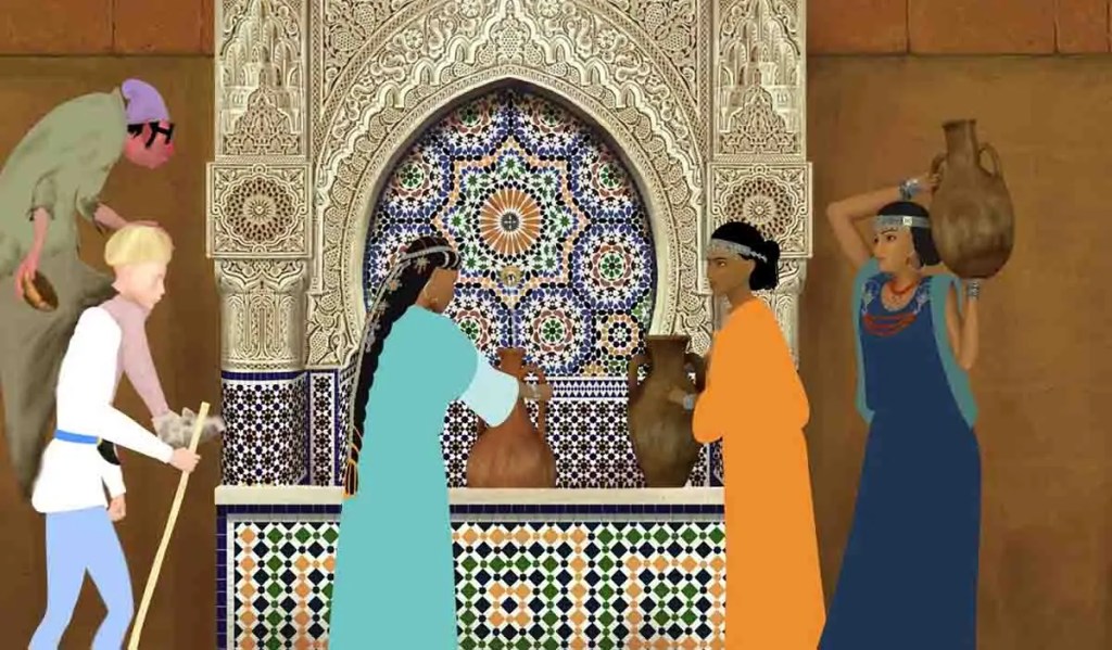 Una escena ilustrativa en un entorno tradicional, donde varias personas están interactuando alrededor de una fuente decorada con azulejos, mientras algunas sostienen jarras y otras parecen estar en movimiento.