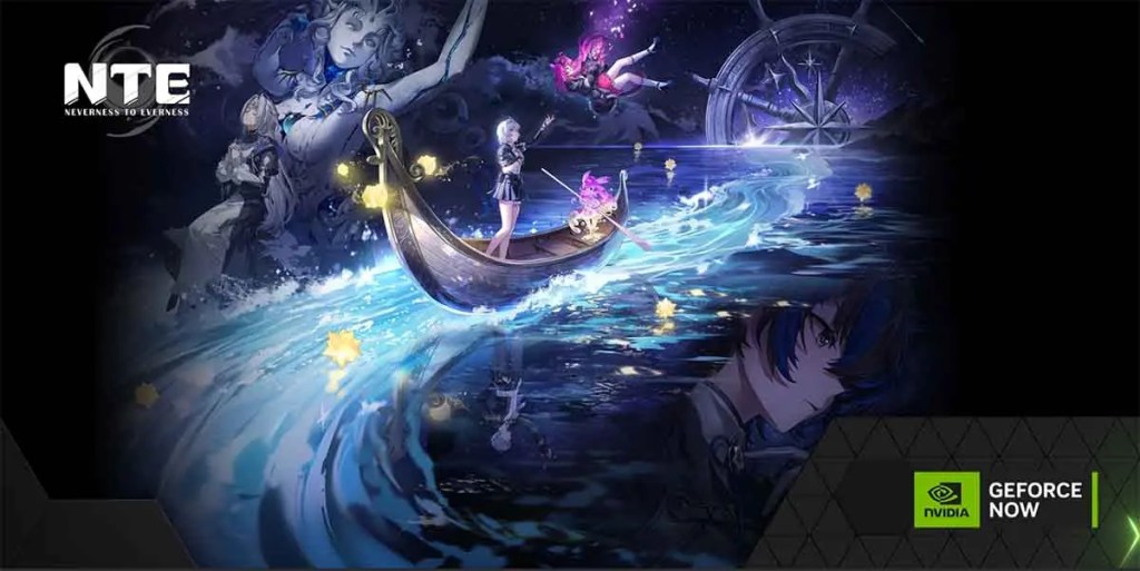 Imagen de un paisaje artístico con un barco en el agua, rodeado de elementos fantásticos y personajes. Incluye estrellas y un timón, con el logo 'NTE' en la parte superior izquierda y el logo de 'GeForce Now' en la parte inferior derecha.