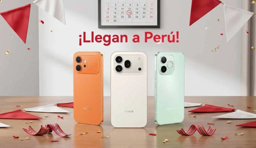 Tres teléfonos móviles de la marca Honor en colores naranja, blanco y verde, exhibidos sobre una mesa decorada, con banderines y confeti, junto a un calendario que indica la llegada de los teléfonos a Perú.