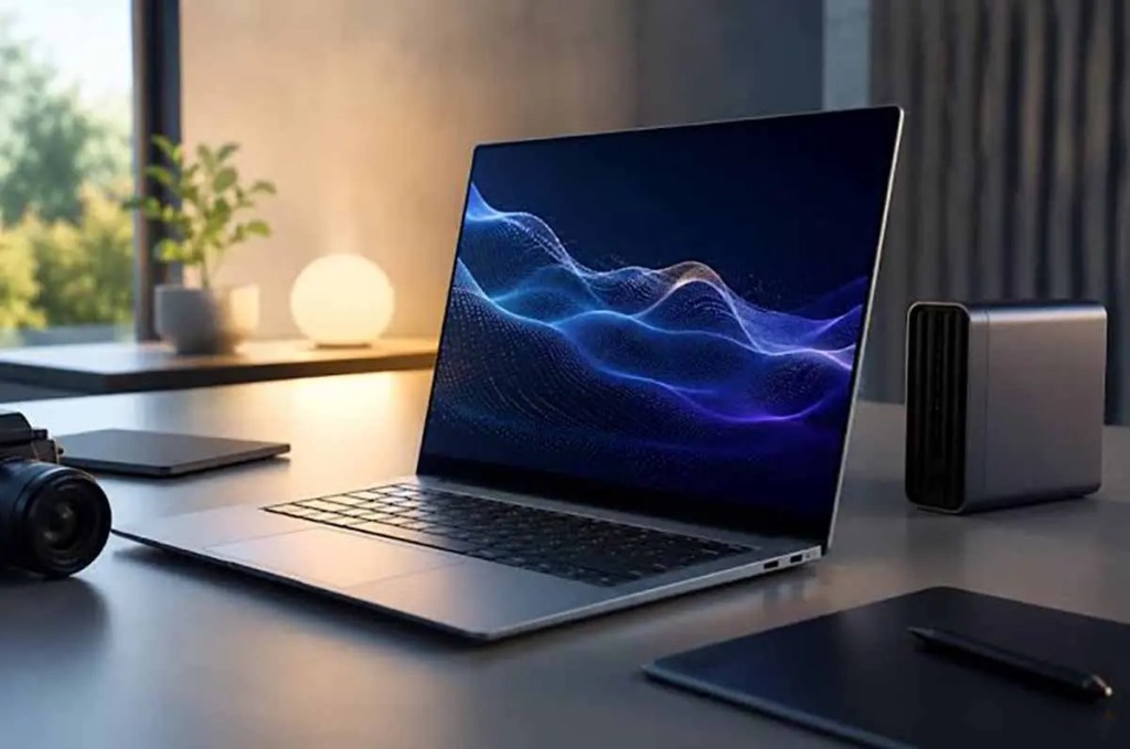 Laptop moderna sobre un escritorio con una cámara, una libreta y un dispositivo externo, con luz natural entrando por la ventana.