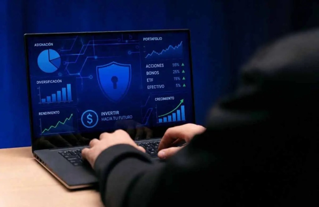 Un gráfico en una computadora portátil que muestra datos financieros, incluyendo secciones de asignación, diversificación y rendimiento, con gráficos de barras y líneas. Un usuario está interactuando con la computadora.