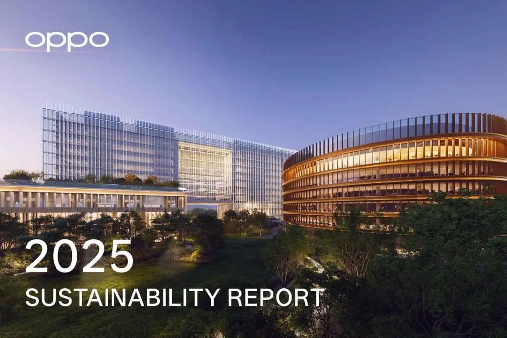 Edificios modernos de OPPO con diseño sostenible, incluyendo un edificio rectangular y uno circular, en un entorno natural durante el atardecer, acompañado del texto '2025 SUSTAINABILITY REPORT'.